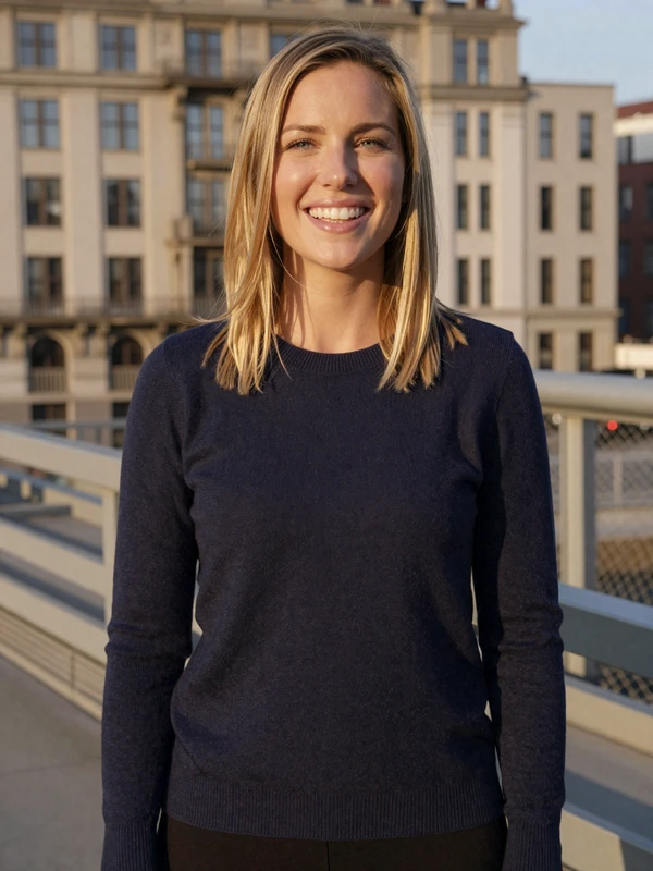 Hannah, 31, verified Conektik member laughing on a city bridge - verified profiles on Conektik