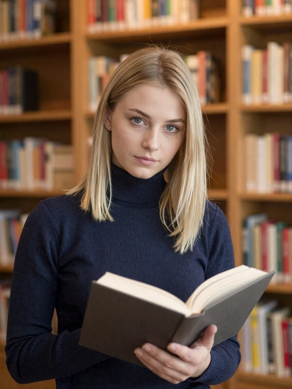 Emma, 32, verified Conektik member reading in a library - genuine profiles on Conektik dating platform
