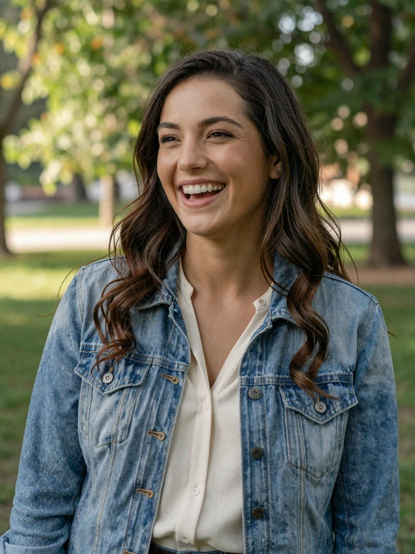 Sofia, 28, verified Conektik member laughing in a sunlit park - meet real women on Conektik dating platform