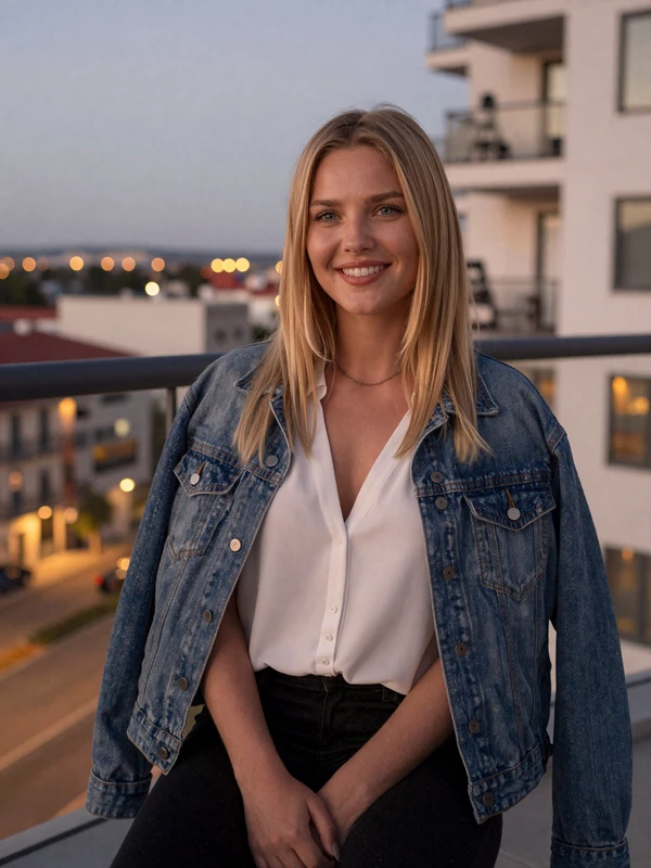 Isabella, 27, verified Conektik member on a balcony at dusk - real women on Conektik dating platform review