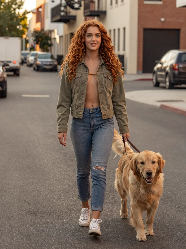 Mia, 26, verified Conektik member walking her dog on a city street - meet real women on Conektik