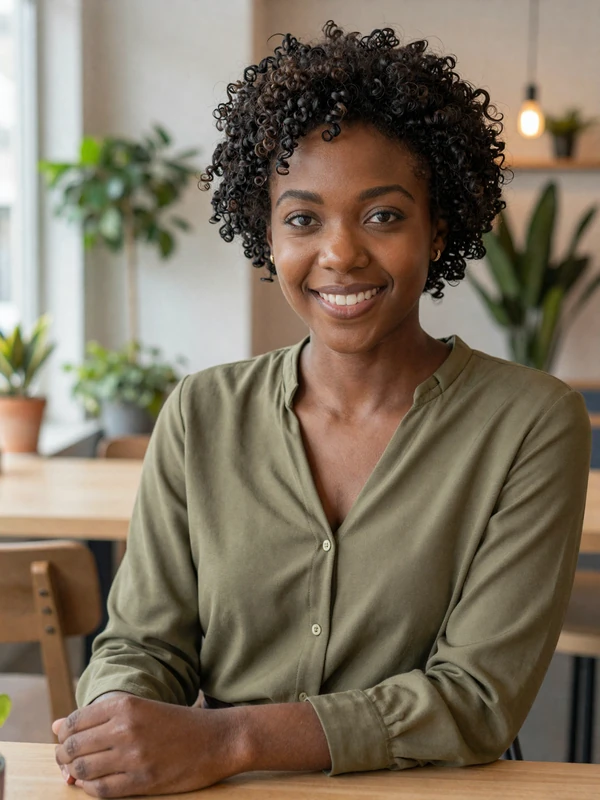 Grace, 29, verified Conektik member smiling in a modern cafe - AI matchmaking features on Conektik